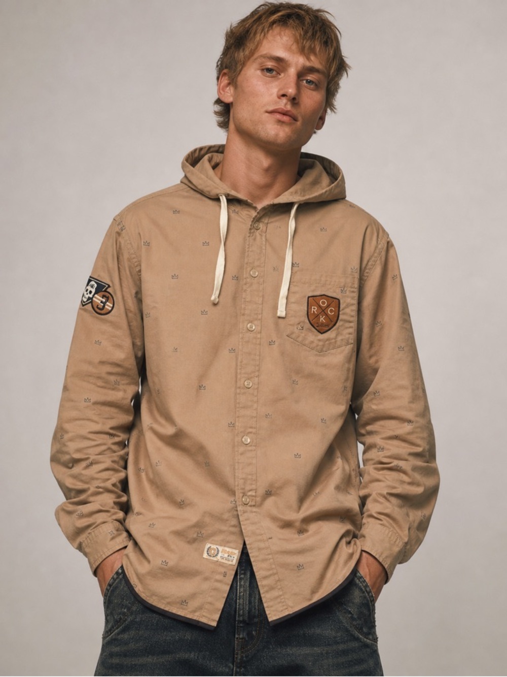 Rocksmith Tan Hooded Button Down Shirt XL Crown Print Streetwear Cotton Hoodie